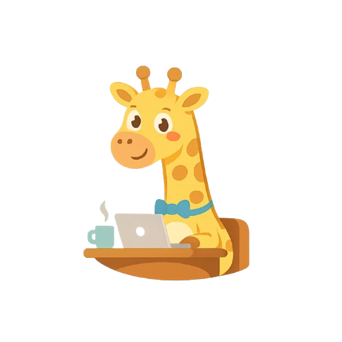 Friendly giraffe mascot hunched over a laptop