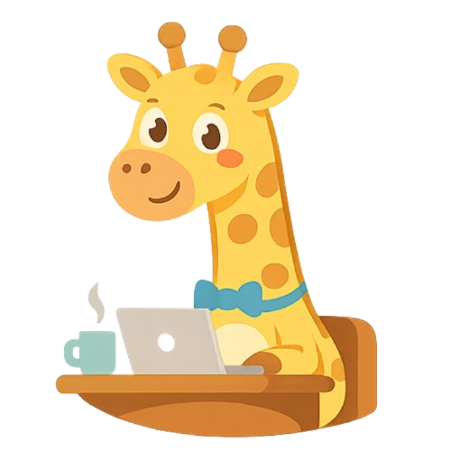 Friendly giraffe mascot hunched over a laptop